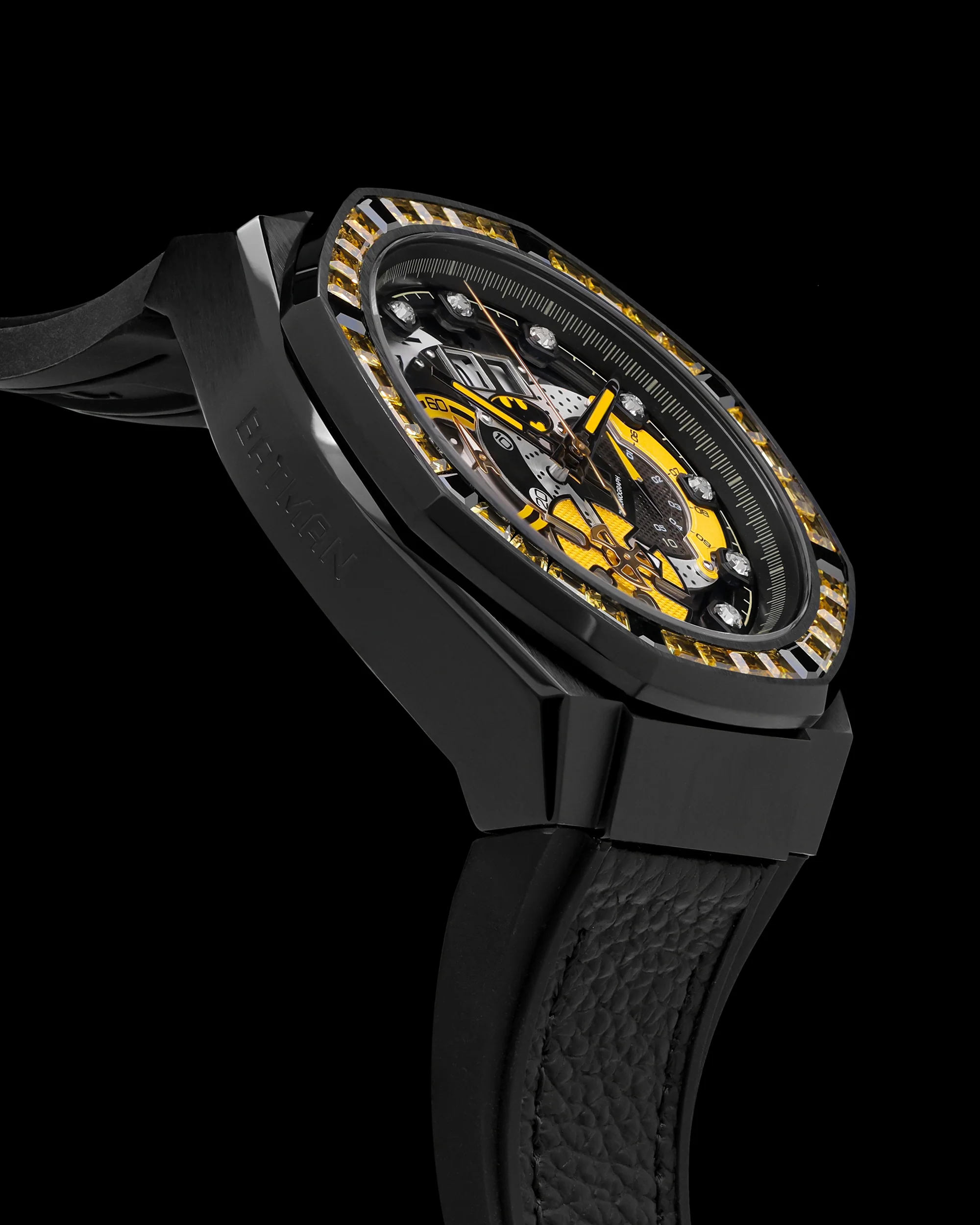 DC Batman TQ023P-D1 (Black/Yellow) with Black and Yellow Crystal (Black Leather with Silicone Strap) - Image 3