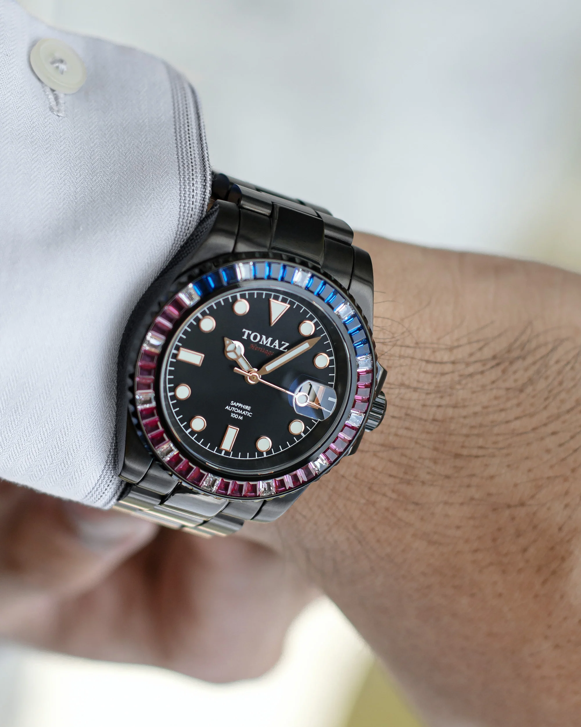 Tomaz Men's Watch GR01BS-D9 (Black) with Purple Navy White Swarovski (Black Stainless Steel) - Image 7