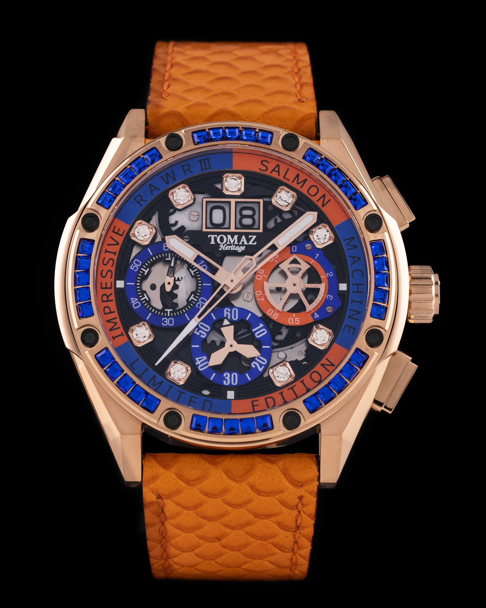 RAWR III TW024I-D8 (Rosegold) with Blue Crystal (Orange Salmon Leather Strap)