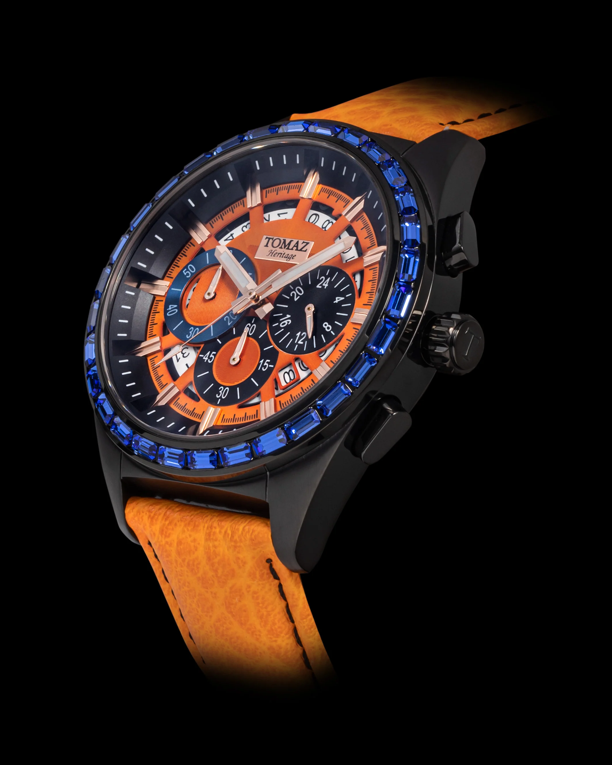 Romeo TW025A-D2 (Black/Orange) with Blue Swarovski (Orange Leather Strap) - Image 2