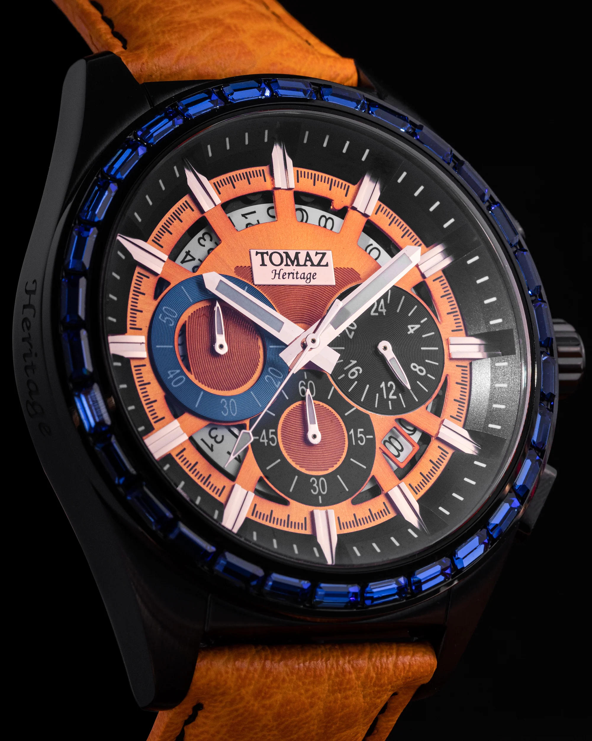 Romeo TW025A-D2 (Black/Orange) with Blue Swarovski (Orange Leather Strap) - Image 3