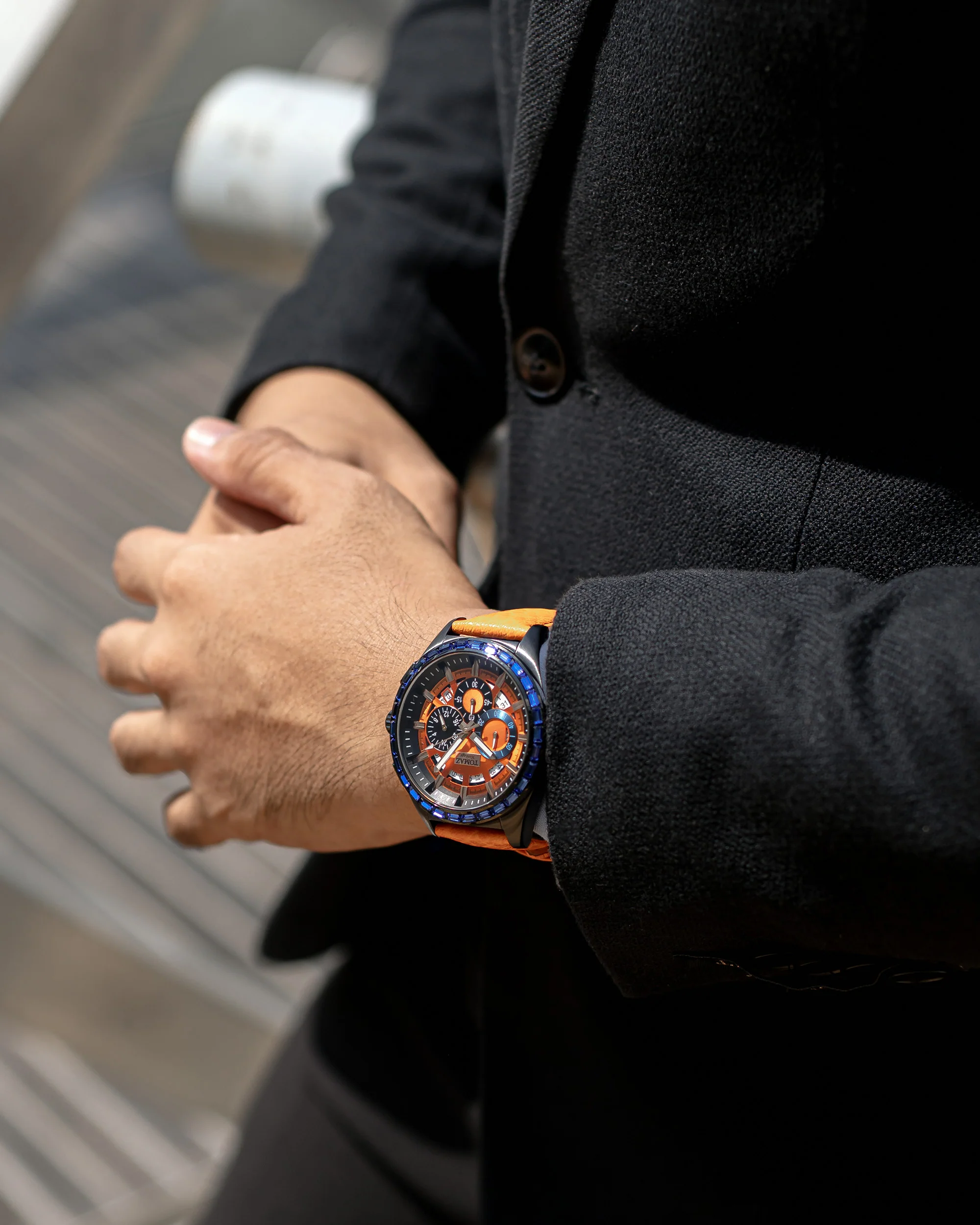 Romeo TW025A-D2 (Black/Orange) with Blue Swarovski (Orange Leather Strap) - Image 8