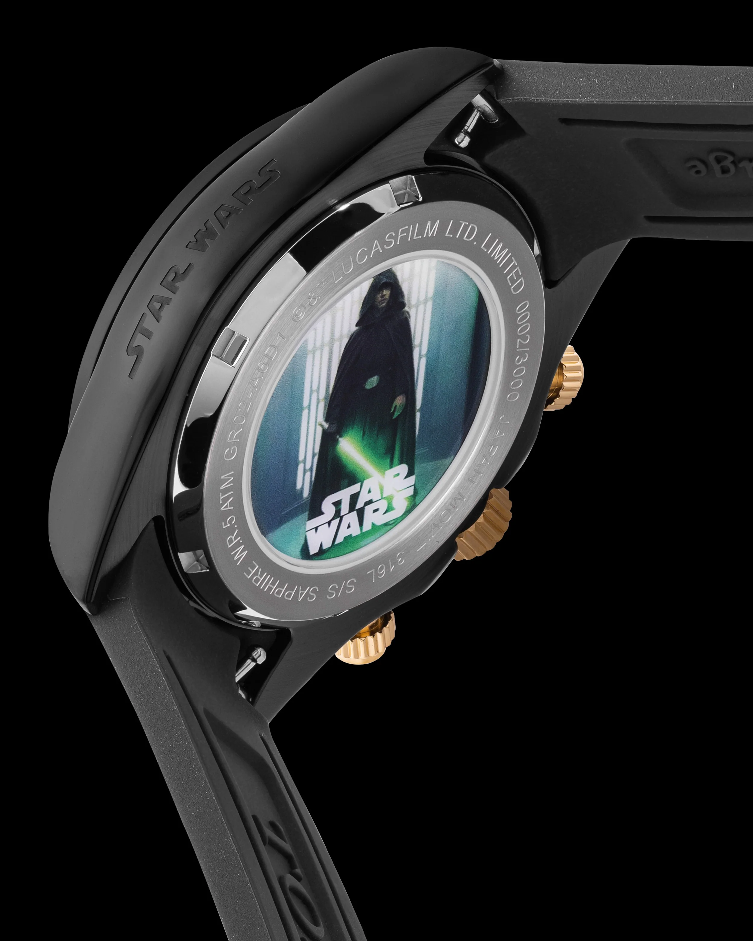 Star Wars Luke Skywalker GR02-A6D1 (Silver/Black) with Green Crystal and Black Rubber Leather Strap - Image 2